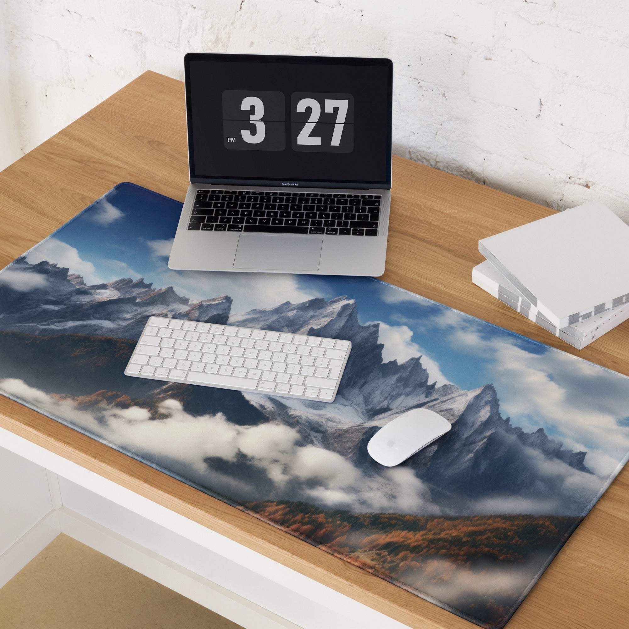 Blue and white mountain landscape gaming mouse pad with stitching