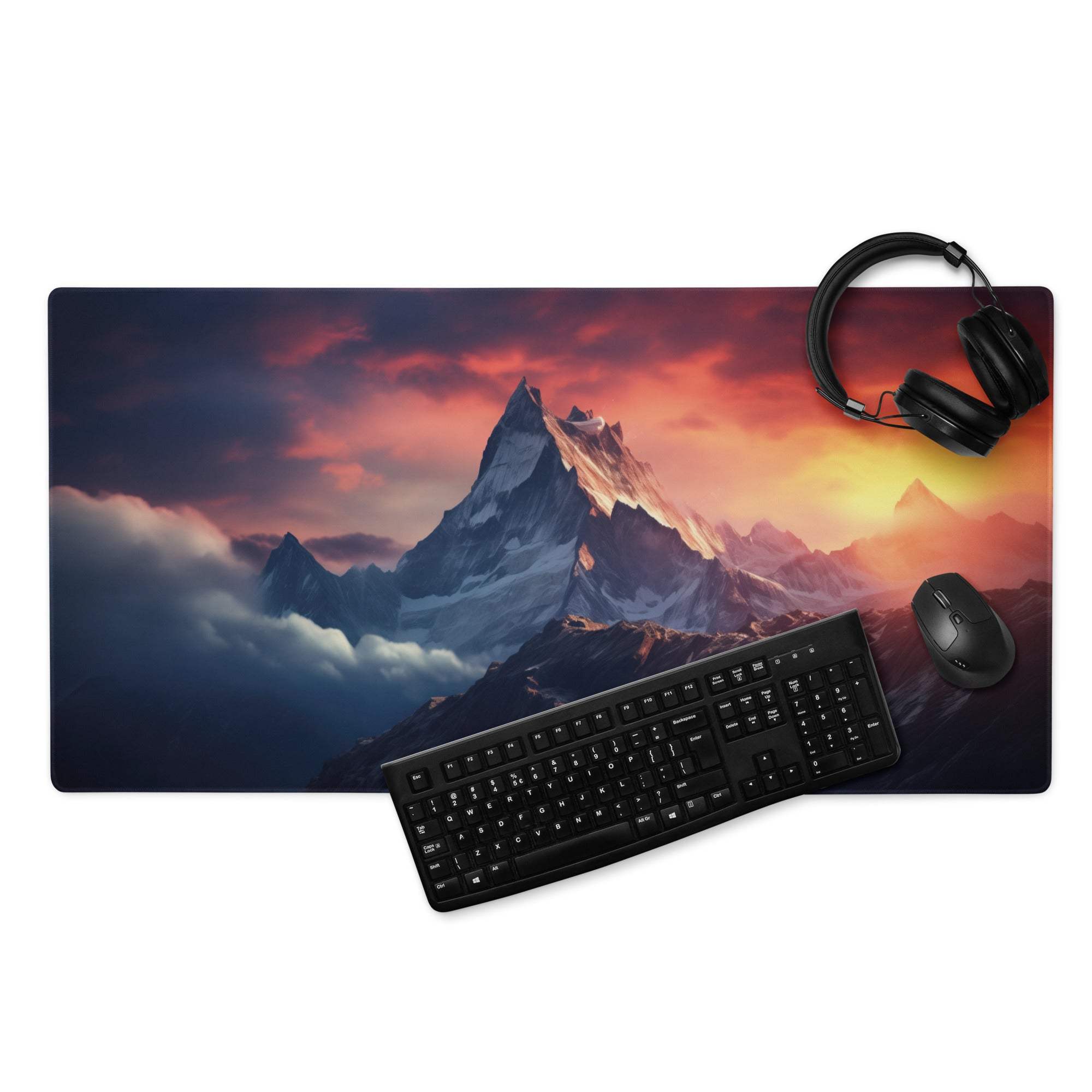 Epic Mountain Sunrise gaming mouse pad with vibrant sunset colors, stitched edges