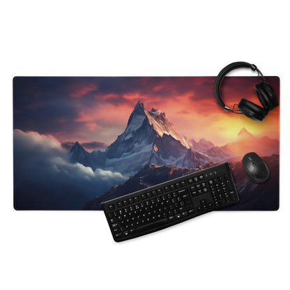 Epic Mountain Sunrise gaming mouse pad with vibrant sunset colors, stitched edges