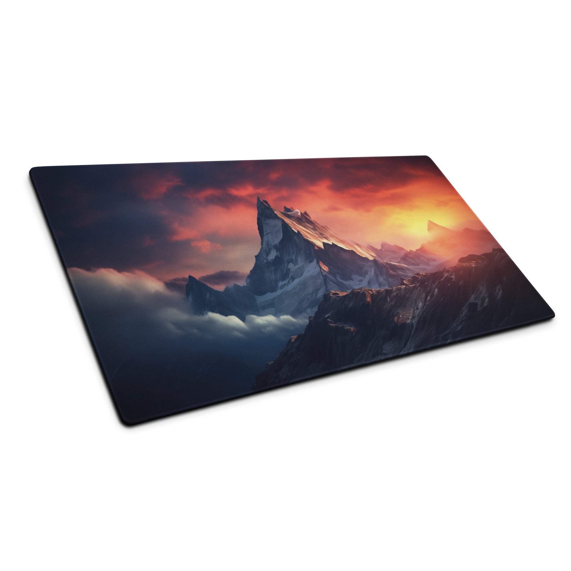 Epic Mountain Sunrise gaming mousepad with vibrant sunset mountains