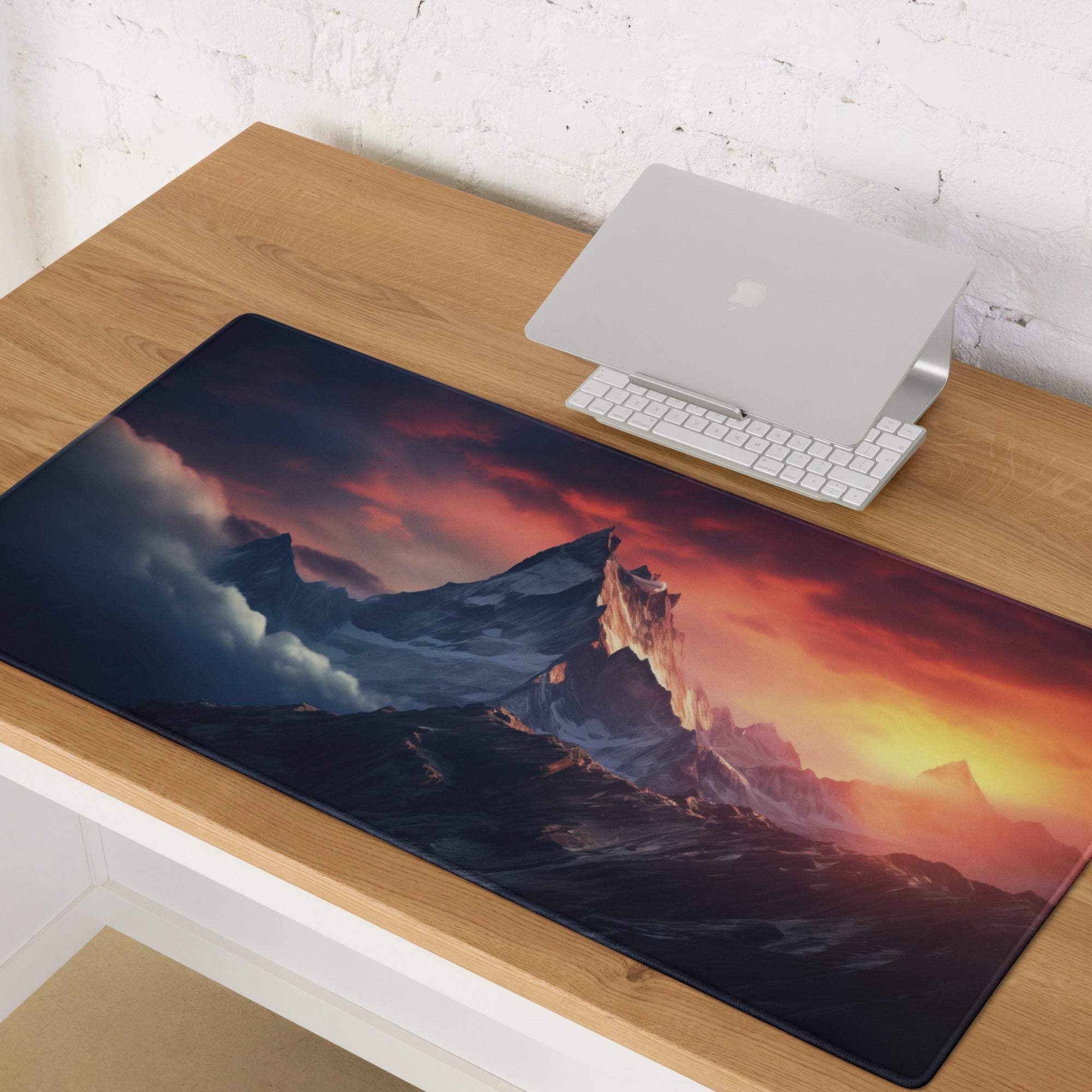 Epic Mountain Sunrise gaming mousepad with vibrant sunset mountains