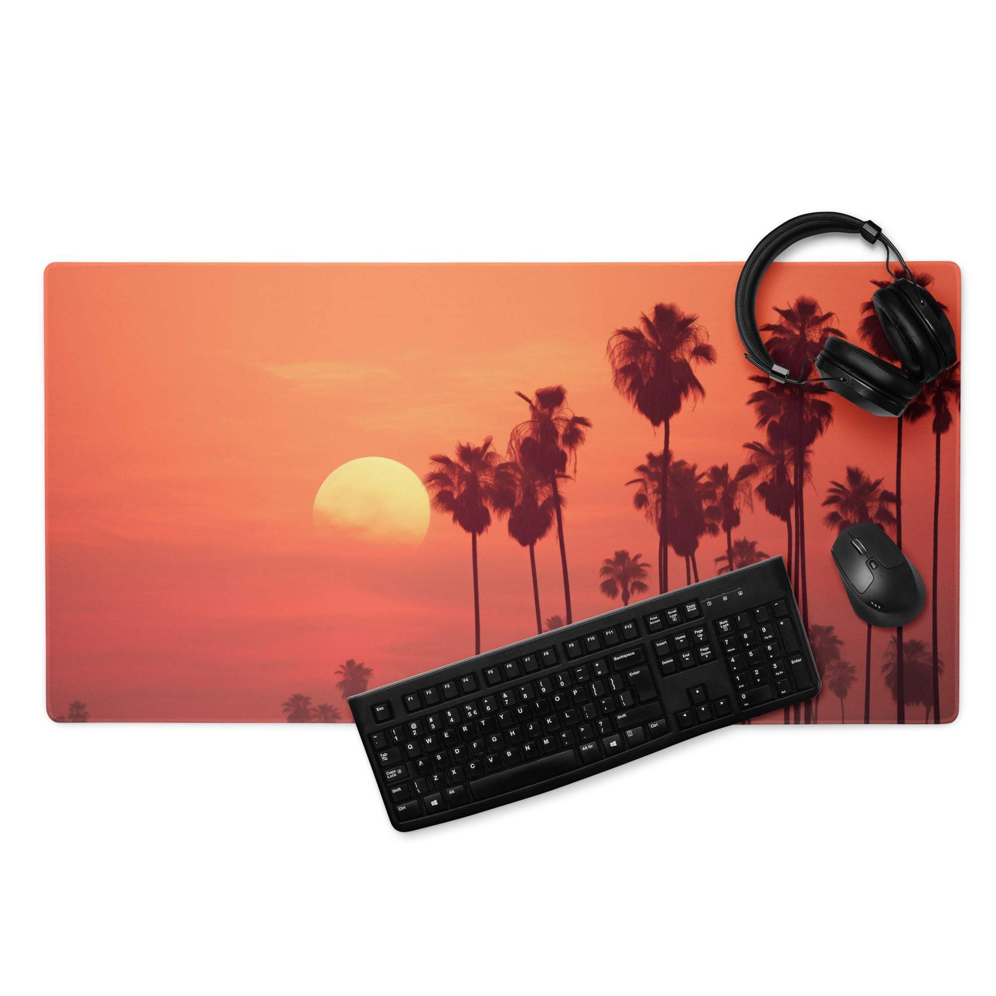 Vibrant orange sunset palm trees gaming mouse pad with keyboard and mouse