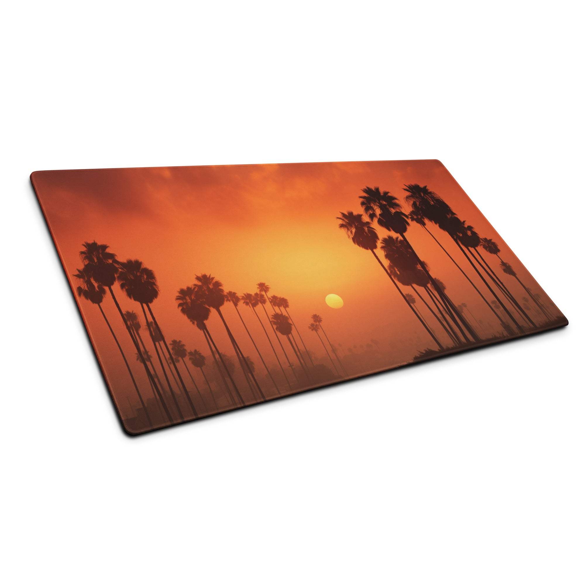 Vibrant sunset palm scene rectangular cutting board, orange red sky silhouettes