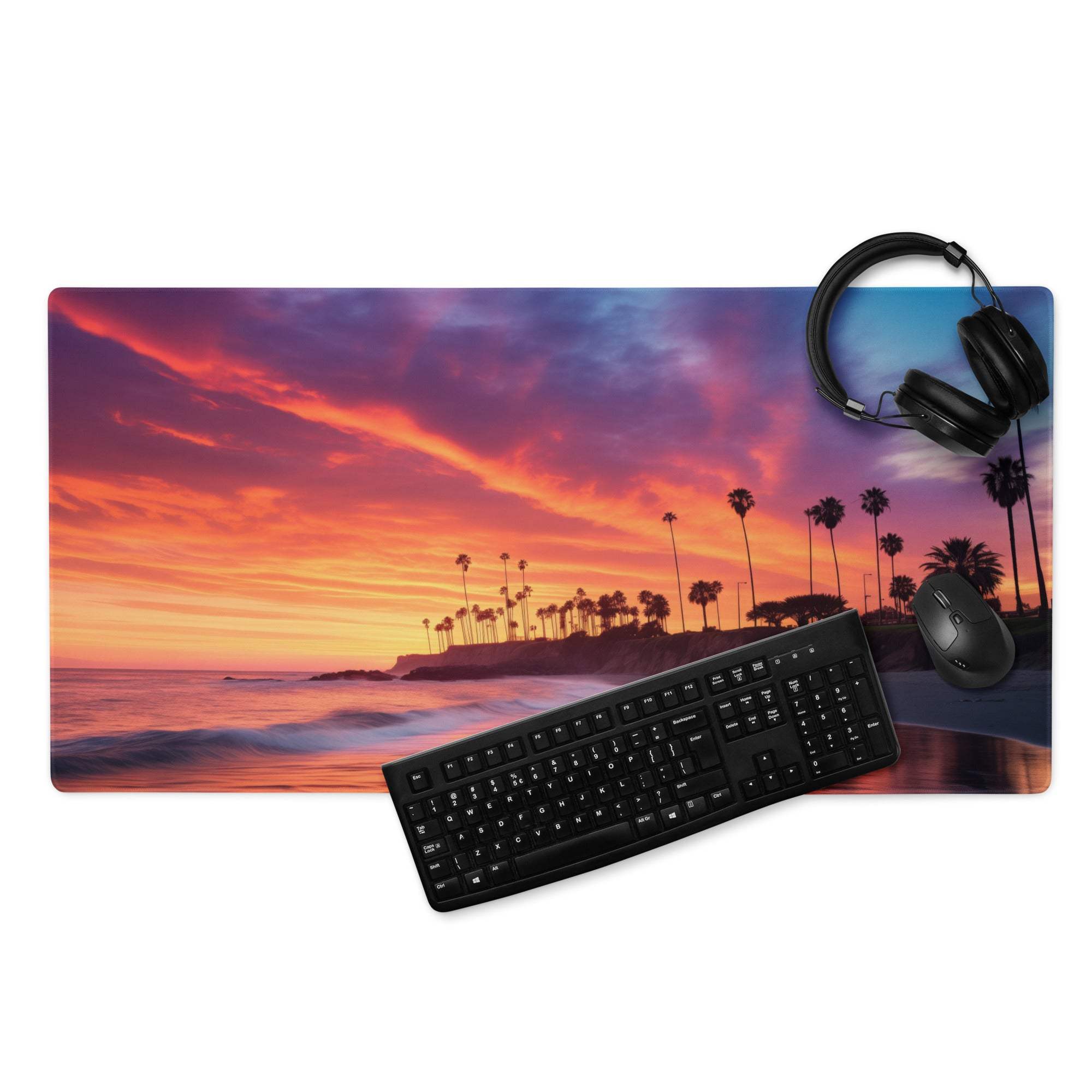 Vibrant sunset beach mouse pad with palm trees, ocean waves, non-slip backing