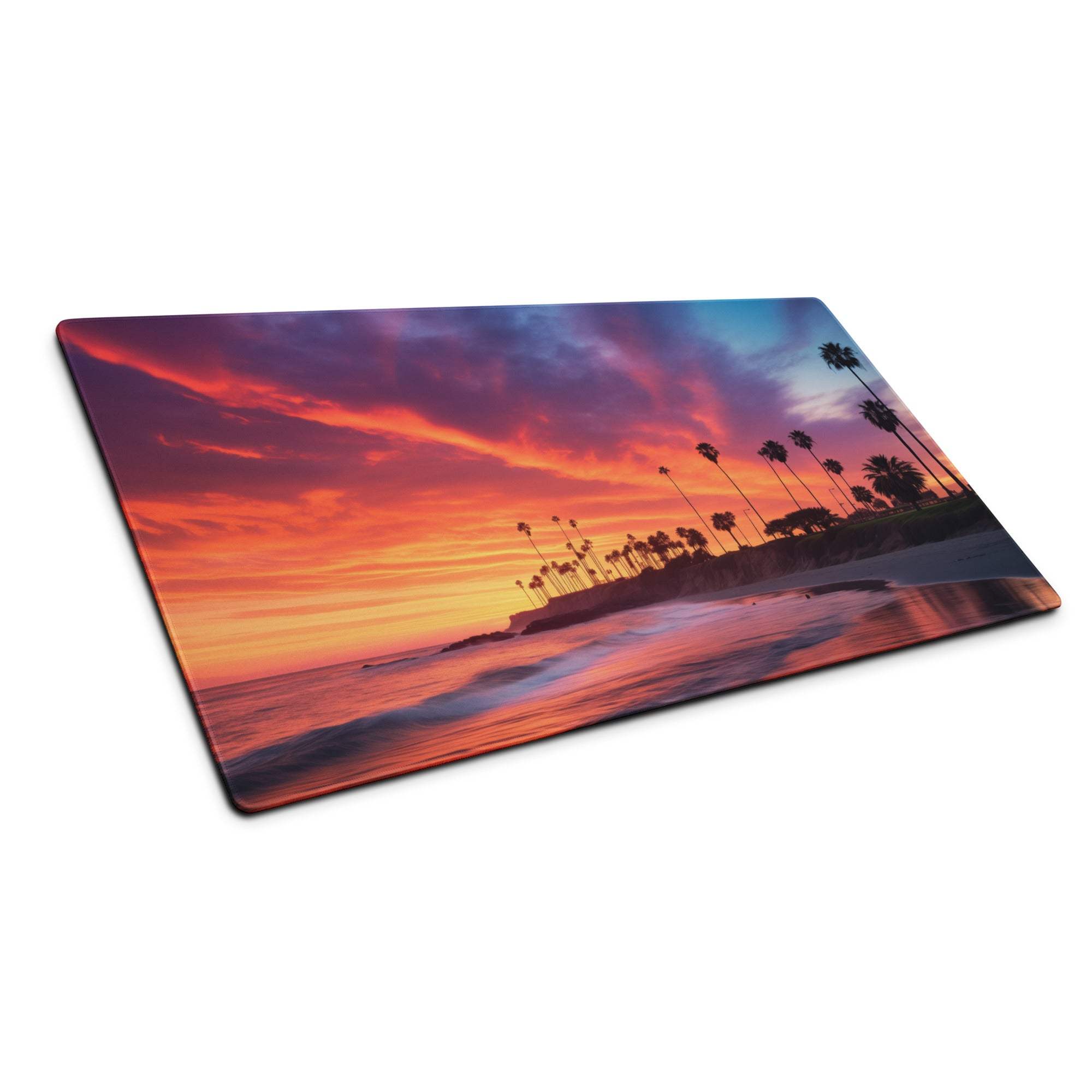 Vibrant sunset ocean palm trees large gaming mouse pad