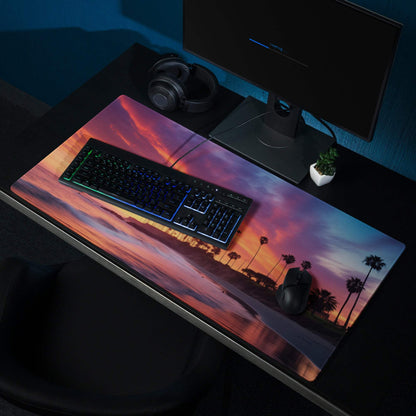 Vibrant sunset beach palm trees large gaming mouse pad with non-slip backing
