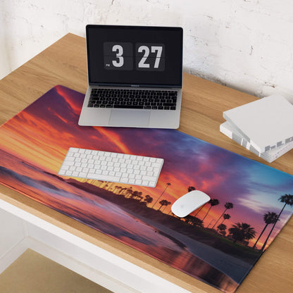 Vibrant sunset beach mouse pad with palm trees, non-slip backing, edge stitching