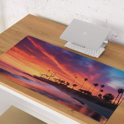 Vibrant sunset beach palm trees large gaming mouse pad with non-slip backing