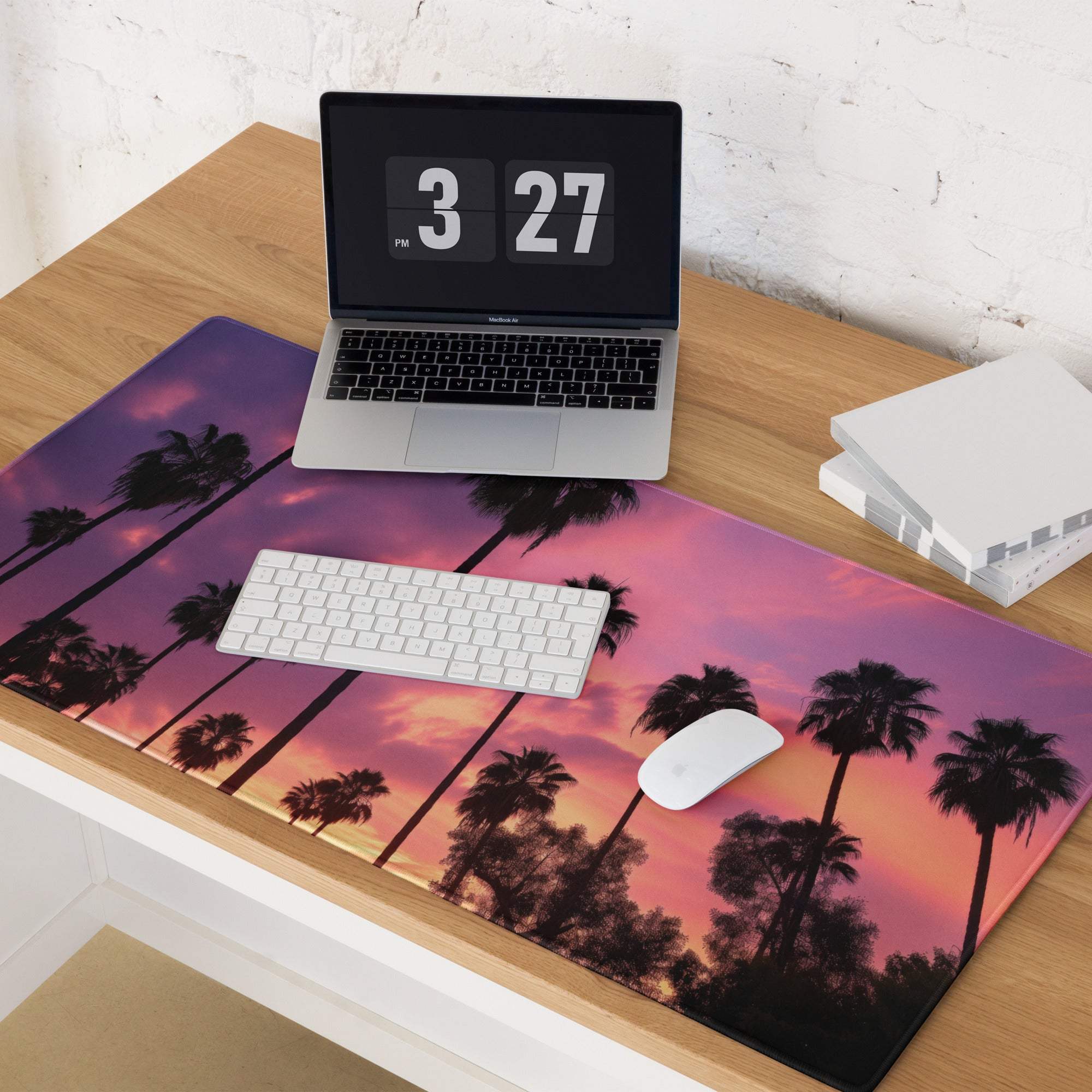 Vibrant purple orange sunset palm tree silhouette large gaming mousepad