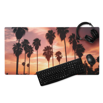 Sunset palm trees large gaming mouse pad with non-slip base and stitched edges