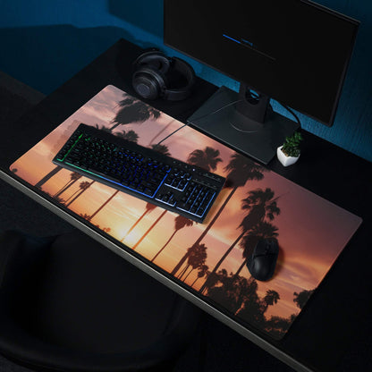 Sunset palm trees large gaming mouse pad with non-slip base and stitched edges