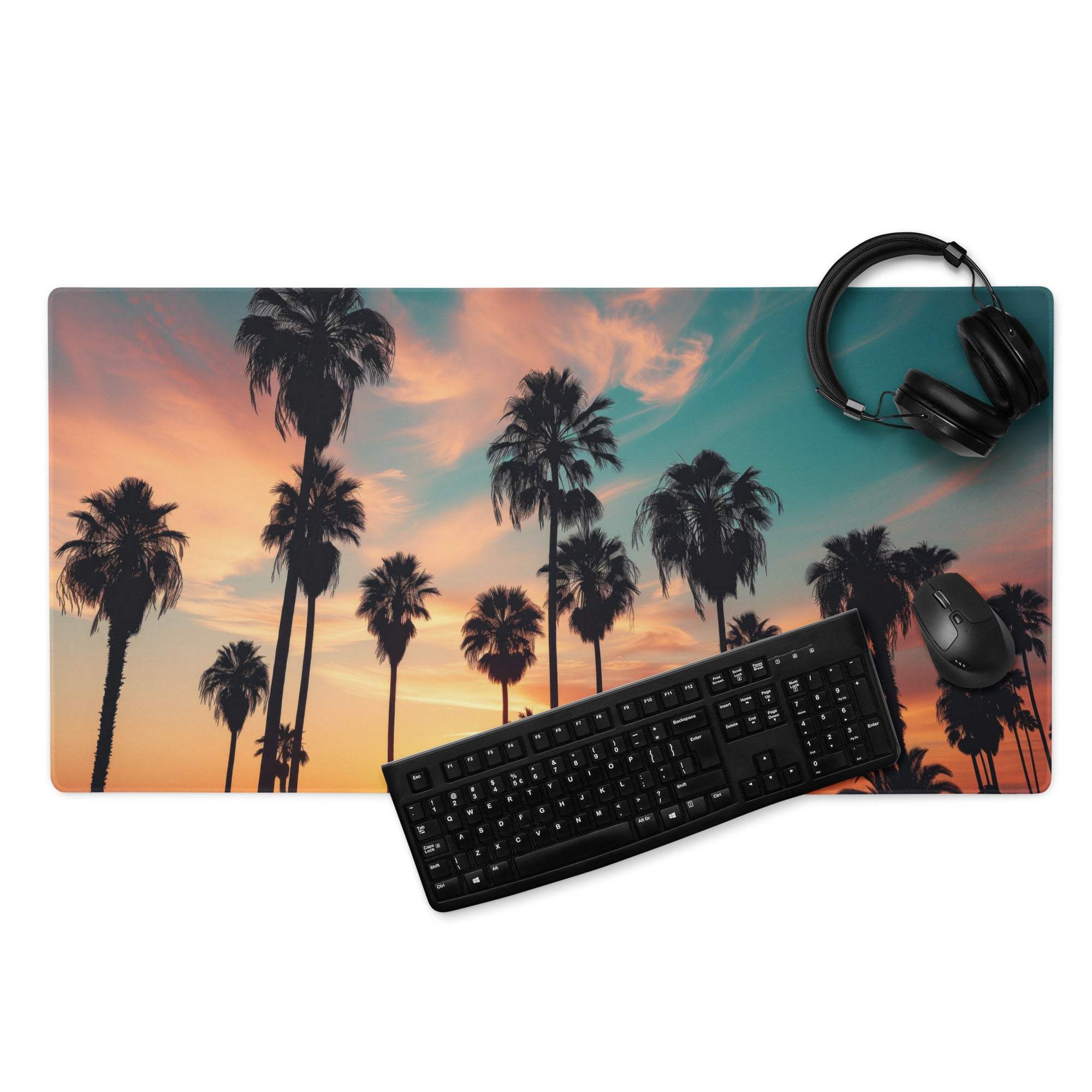 Vibrant sunset palm trees gaming mouse pad with large size and non-slip base