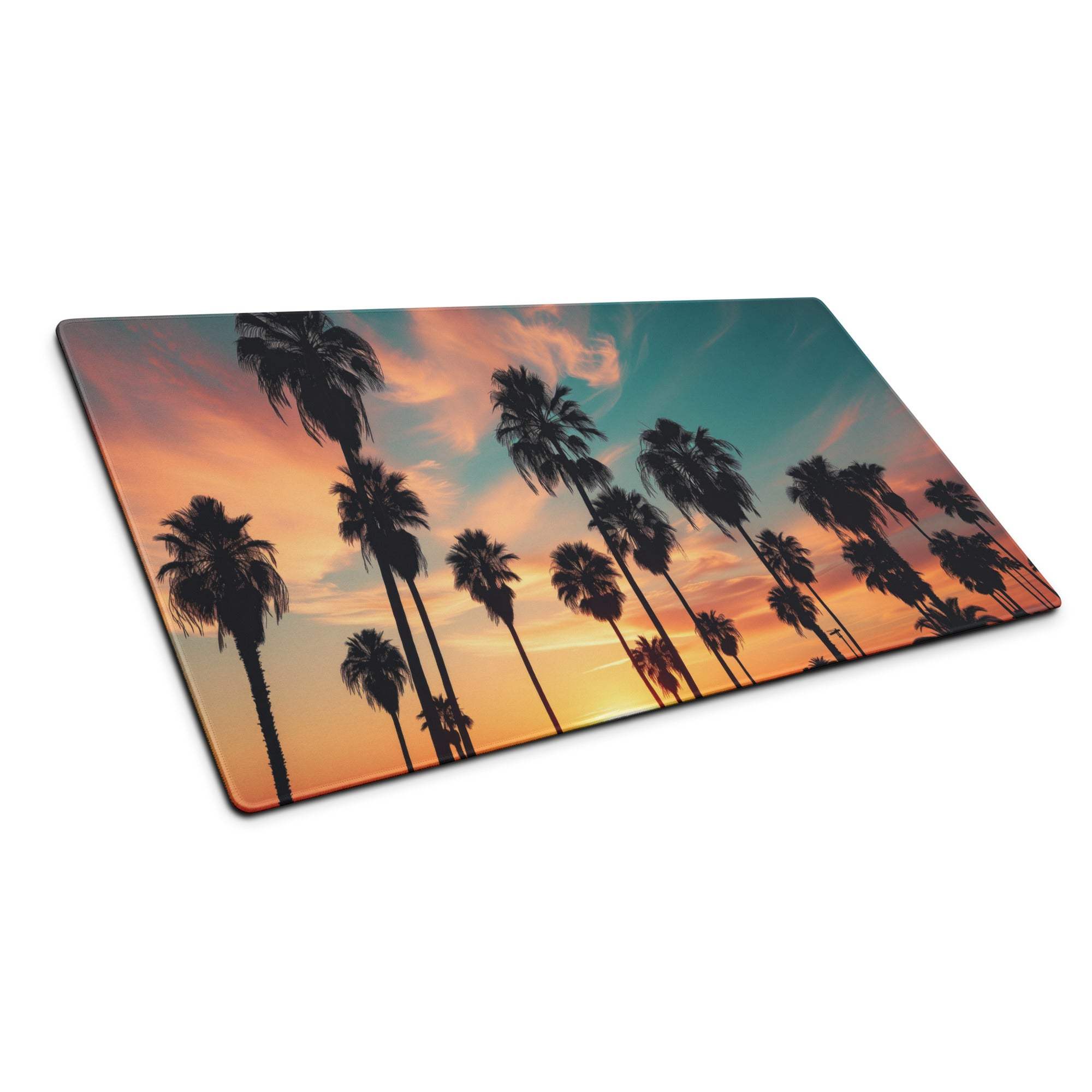Vibrant sunset palm trees rectangular cutting board with orange teal sky