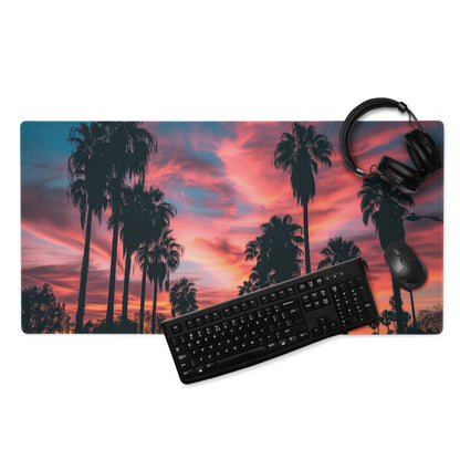 Large palm tree sunset gaming mouse pad with non-slip back and stitched edges