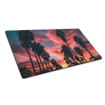 Large rectangular palm tree sunset gaming mouse pad with non-slip back