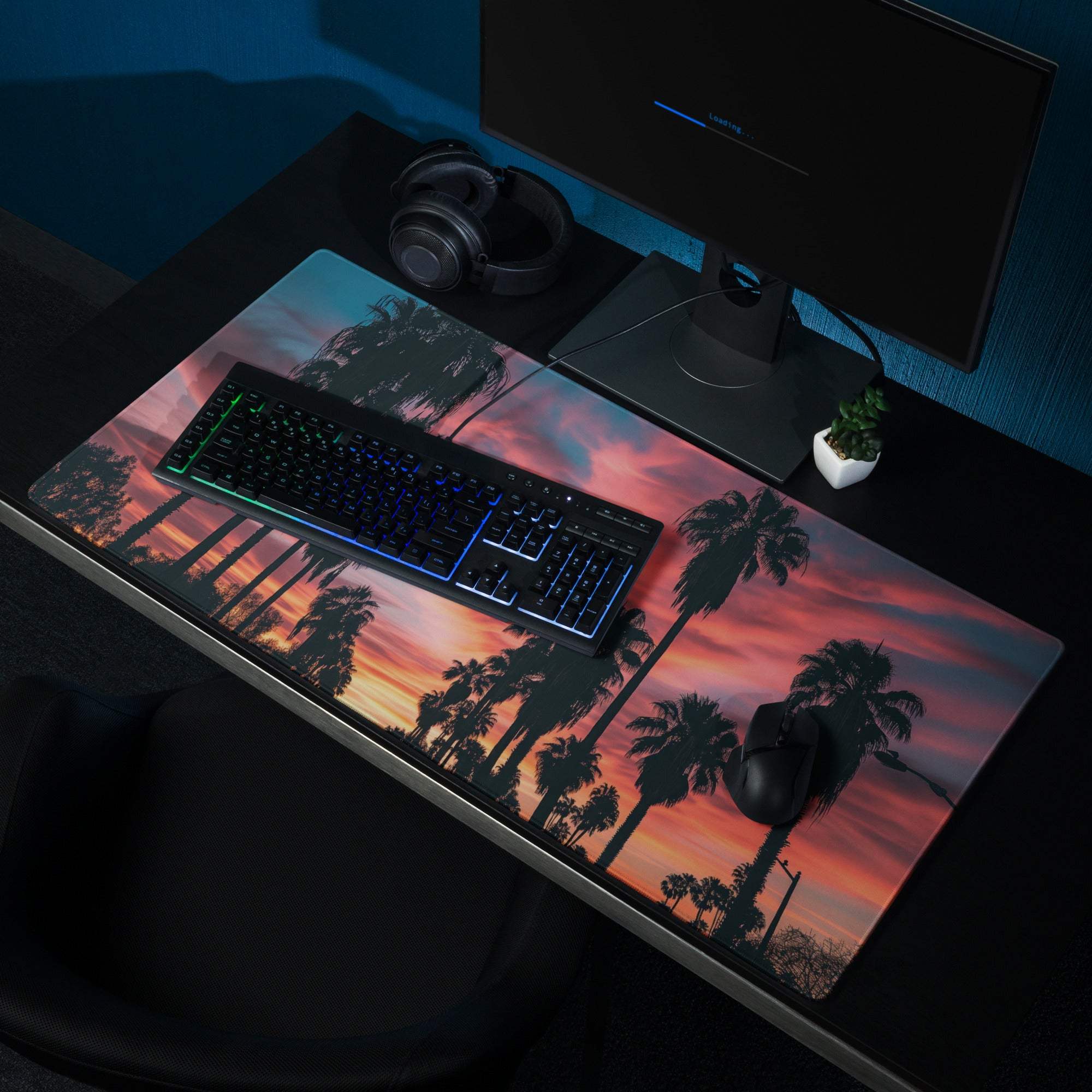 Large palm tree sunset gaming mouse pad with non-slip back and stitched edges