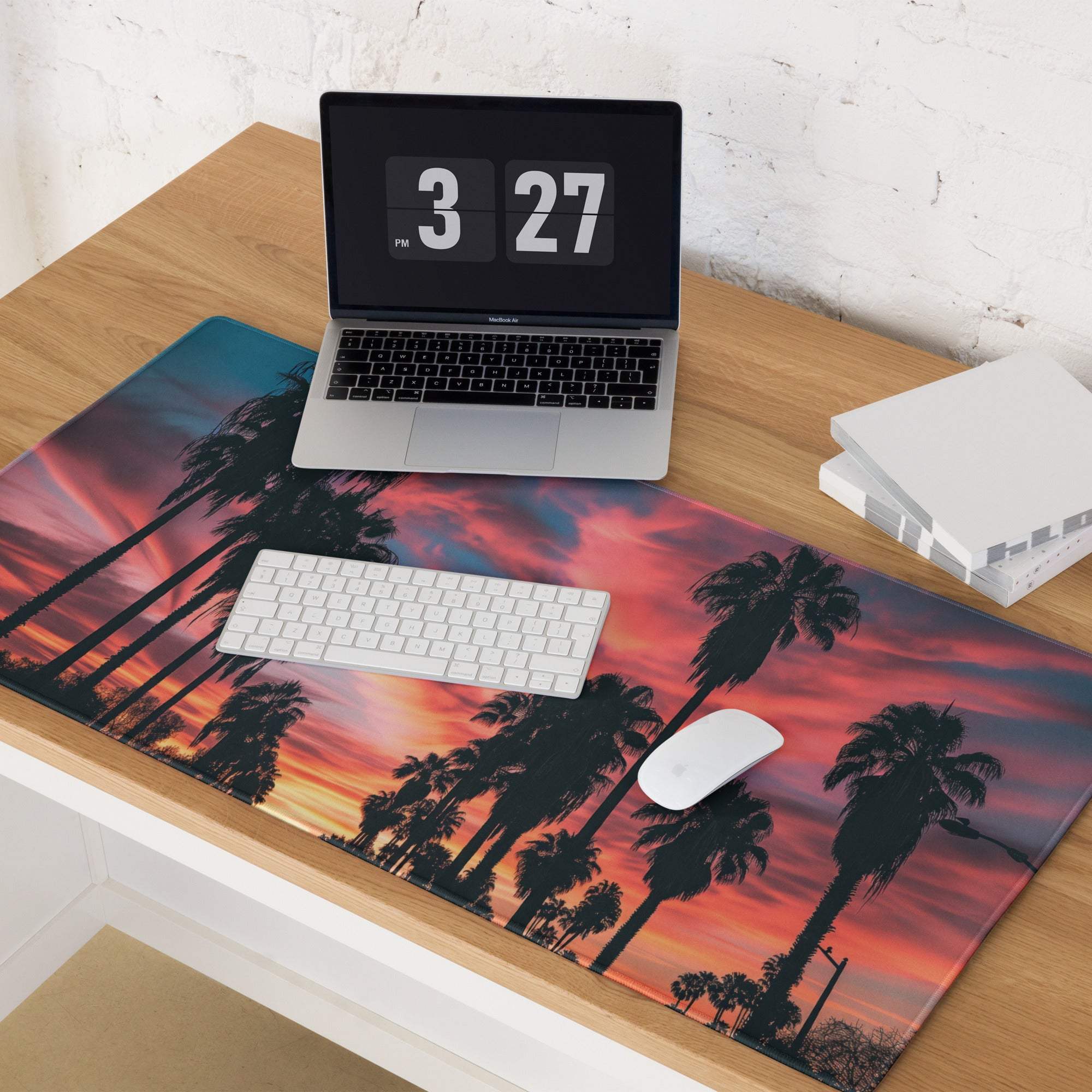 Large palm tree sunset gaming mouse pad with non-slip back and stitched edges