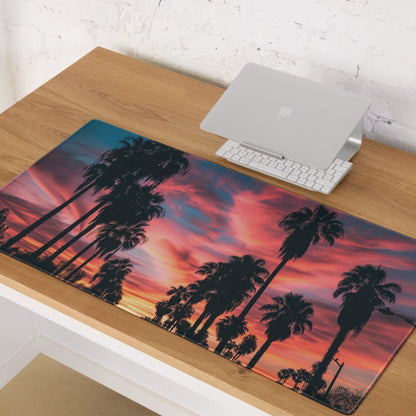 Large palm tree sunset gaming mouse pad with non-slip back and stitched edges