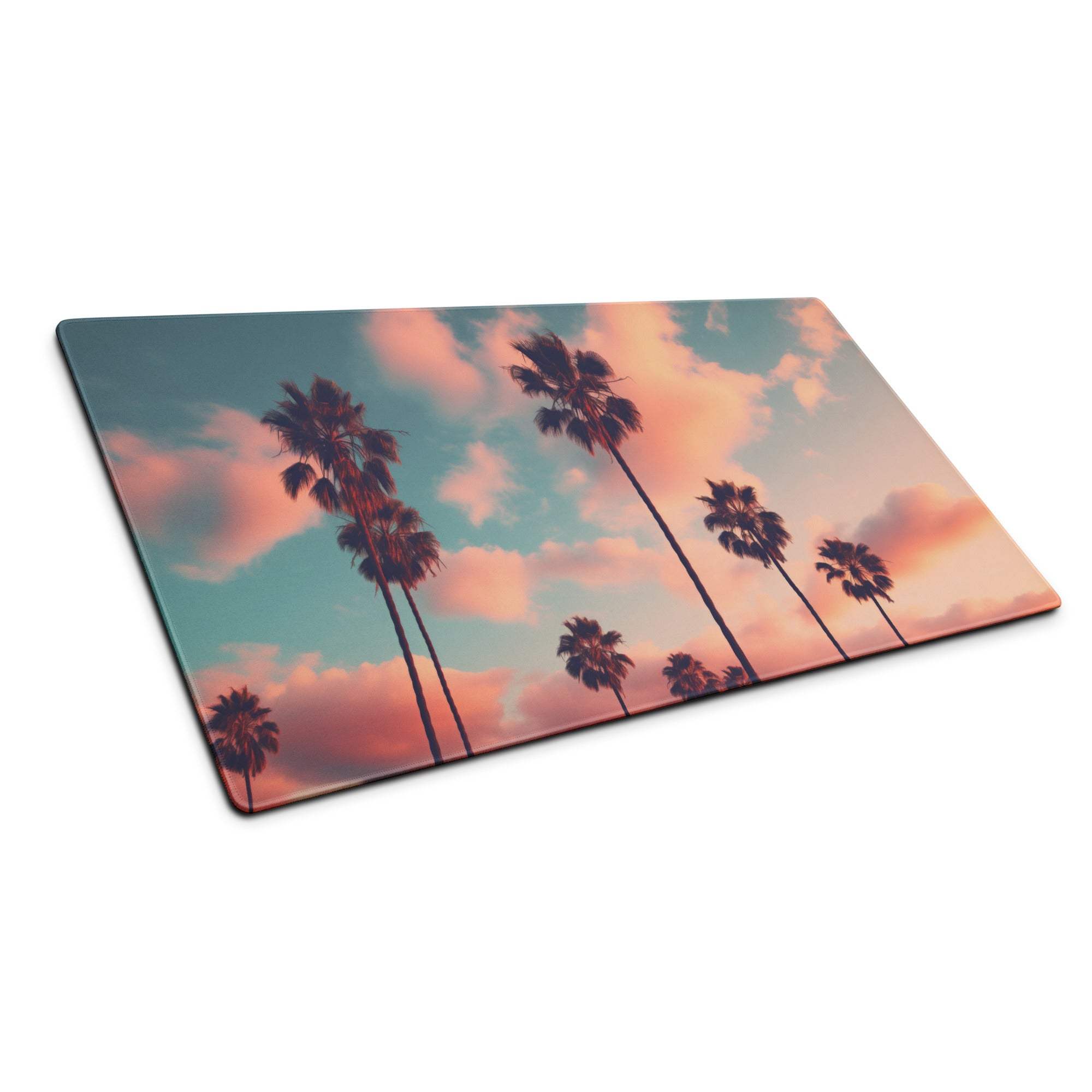 Vibrant sunset palm tree scene on rectangular glass cutting board