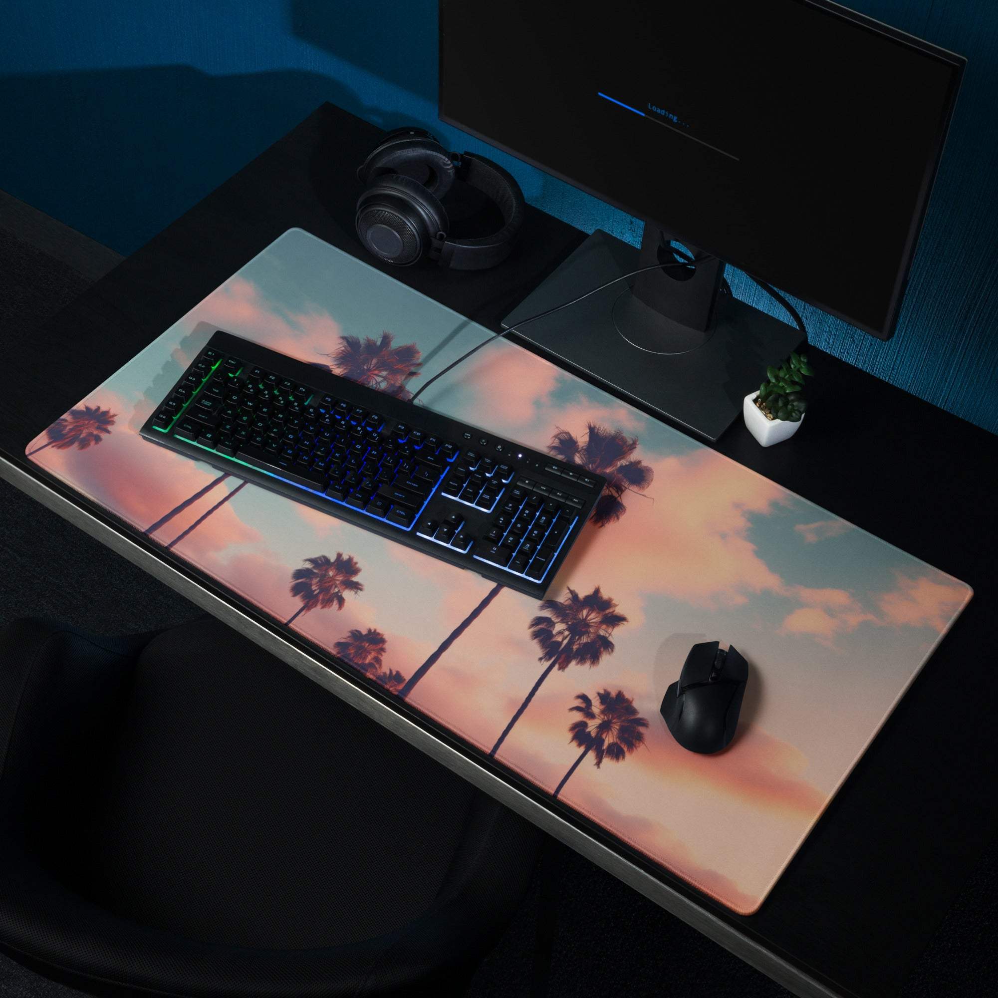 Dreamy palm tree sunset pink sky gradient large gaming mouse pad