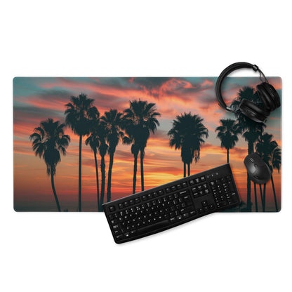 Epic Sunset Palm Tree Gaming Mouse Pad with vibrant sunset and silhouetted palms