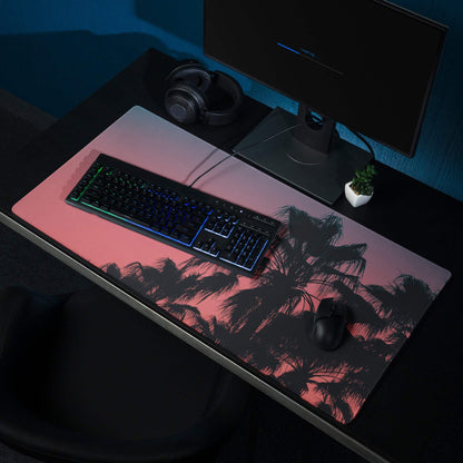 Pink and black palm tree silhouette on vibrant sunset gaming mousepad