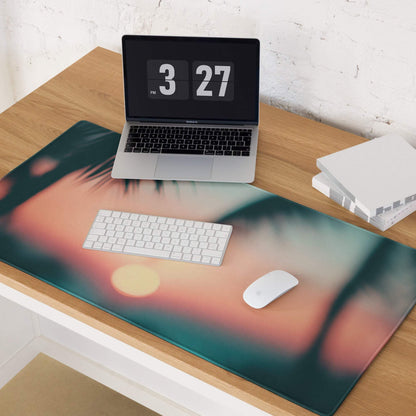 Premium large sunset glow gaming mouse pad with soft-focus eyes in orange teal bokeh