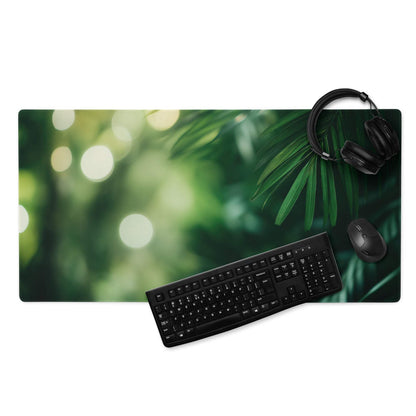 Green tropical leaf patterned large gaming mouse pad with non-slip backing