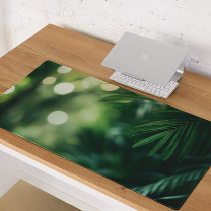 Green tropical leaf mousepad with bokeh lights, non-slip backing, stitched edges