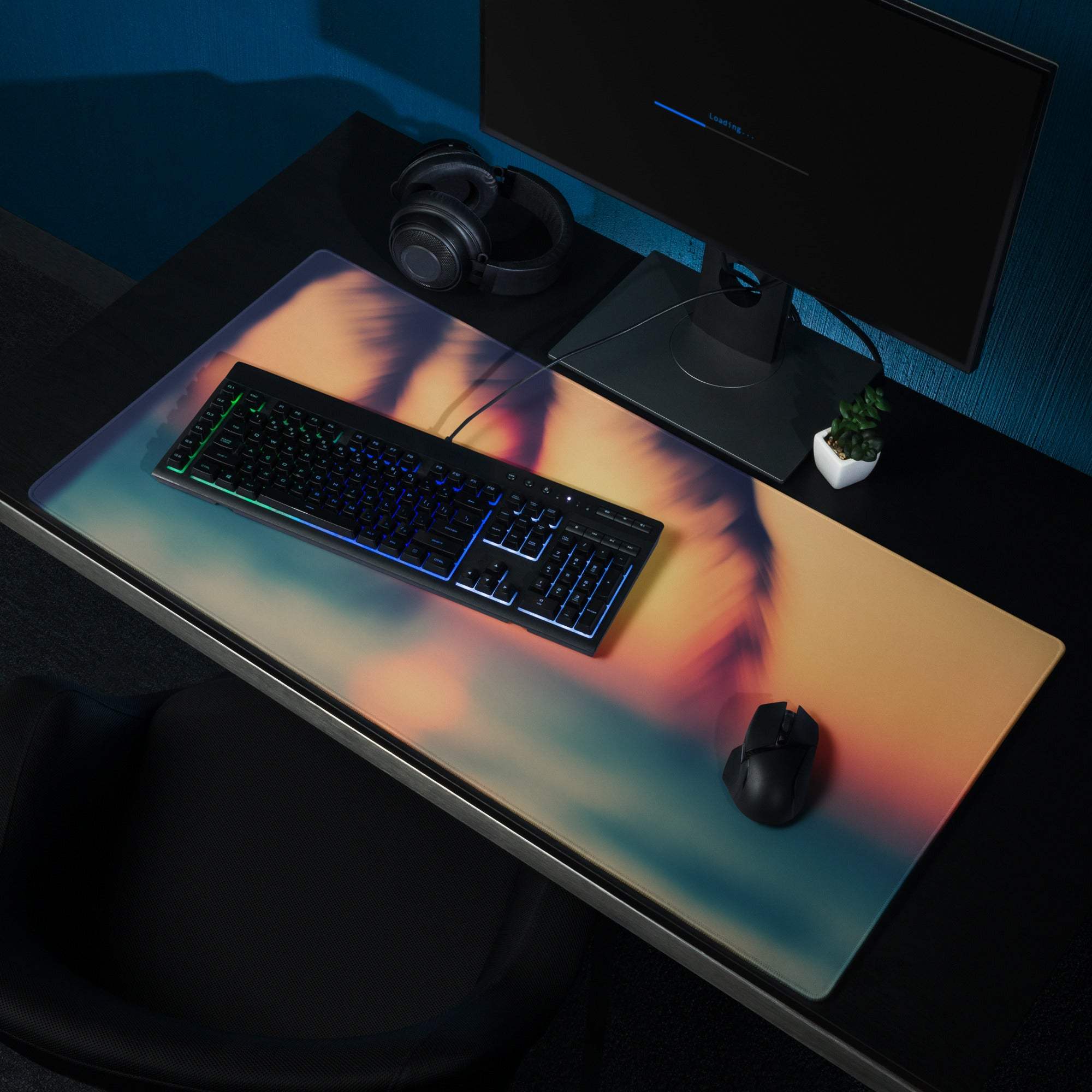 Sunset Warm large gaming mouse pad with orange-pink-teal gradient clouds