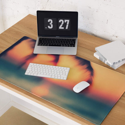 Sunset Warm large gaming mouse pad with orange-yellow-teal gradient, non-slip base, stitching