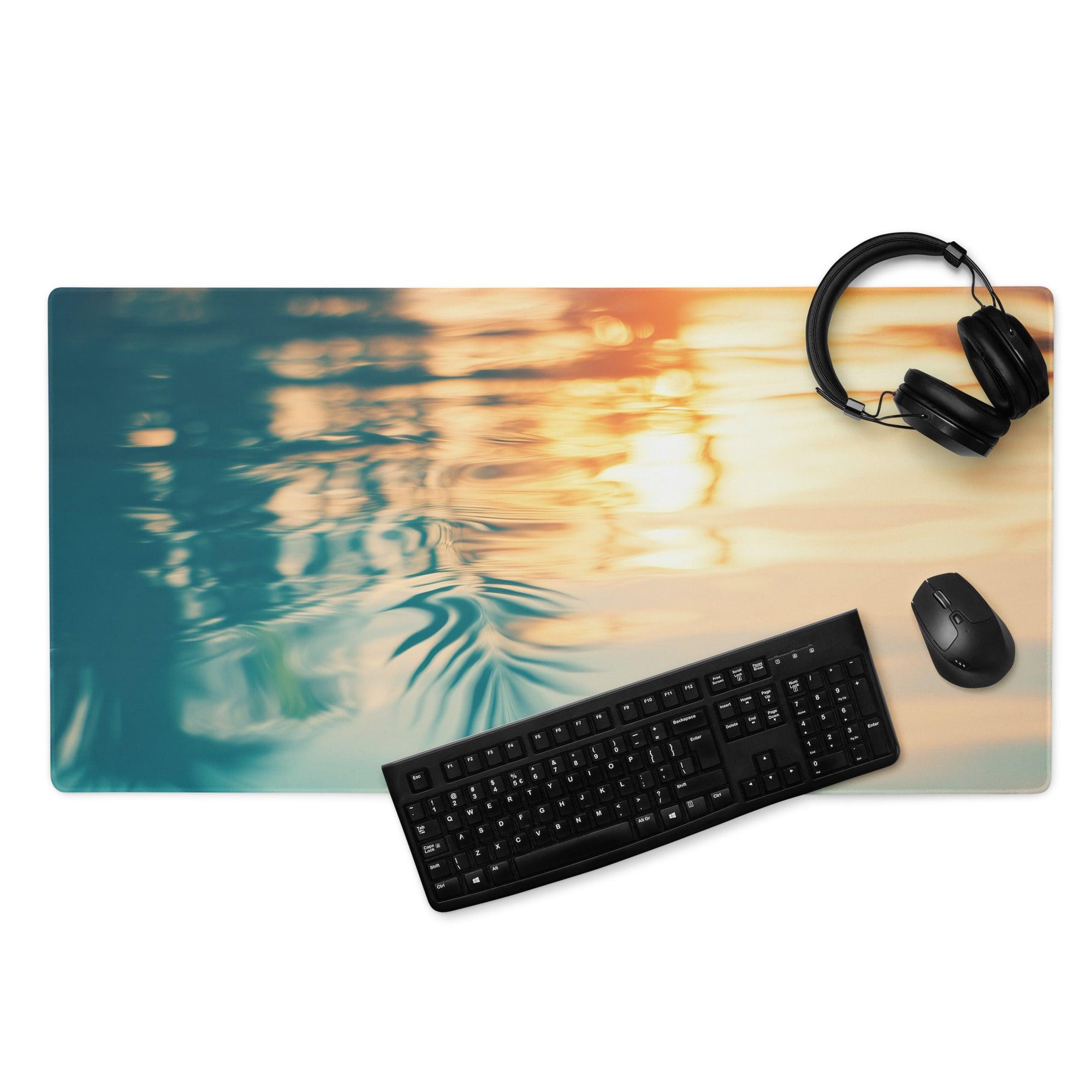 Ocean Sunset gaming mouse pad with tropical teal orange sunset, non-slip base