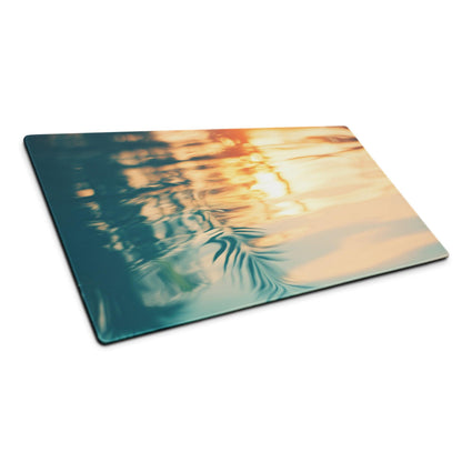 Ocean sunset gaming mouse pad with serene water ripples, palm fronds, orange teal hues