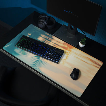 Ocean Sunset large gaming mouse pad with teal palm fronds, non-slip base