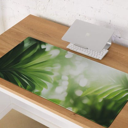 Lush green palm leaf gaming mousepad with matte finish and non-slip edges