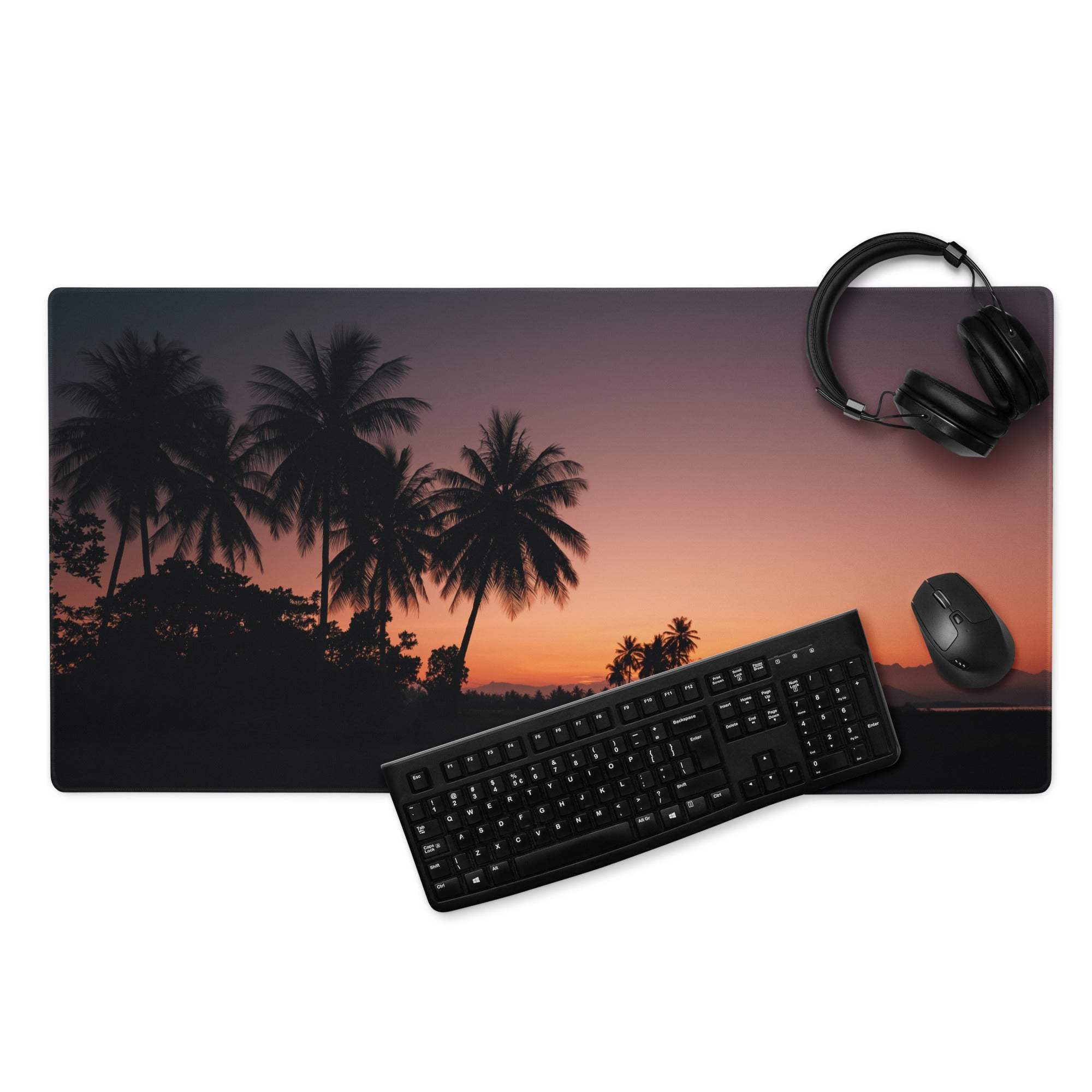 Premium Sunset Palm large gaming mouse pad with sunset scene and palm silhouettes