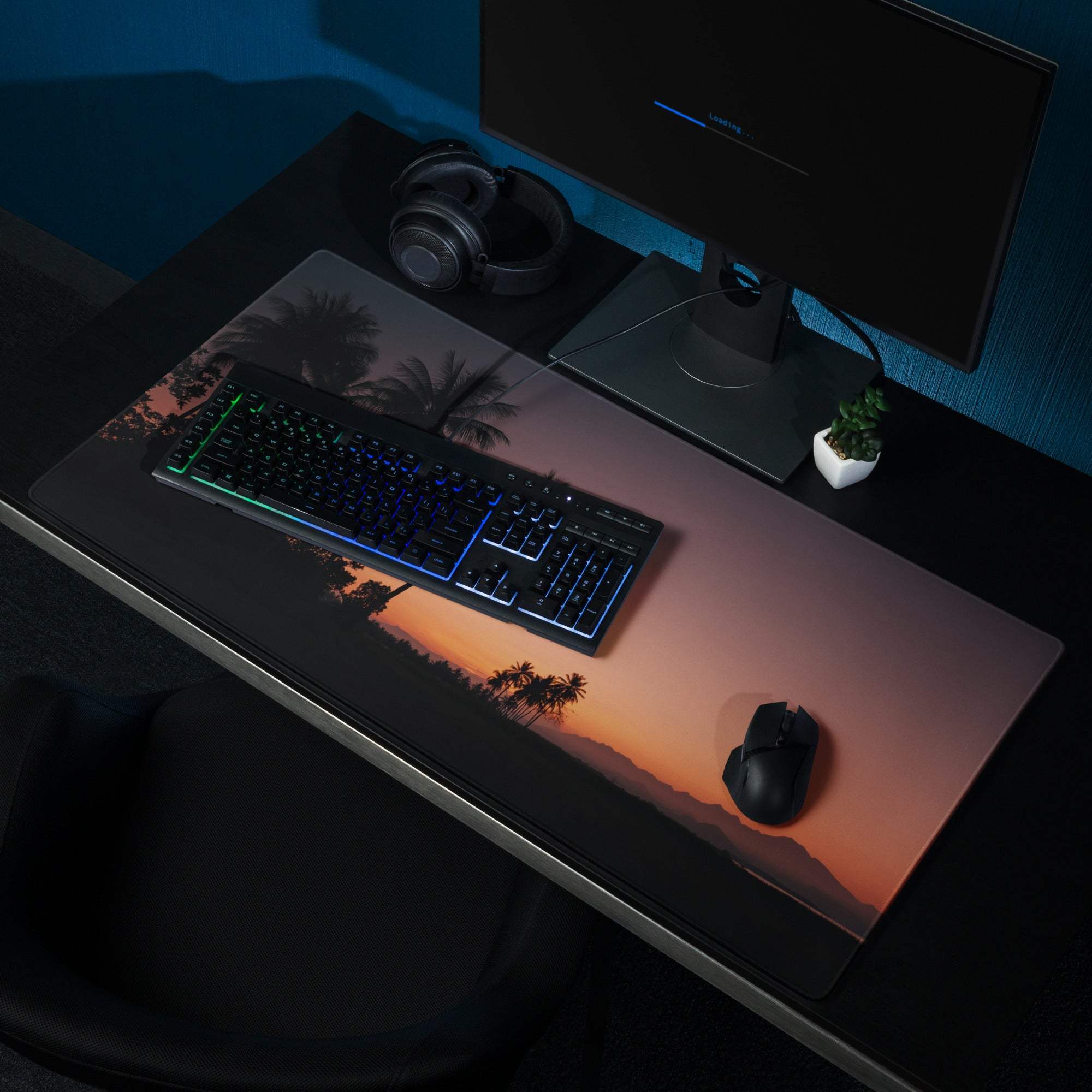 Premium sunset palm gaming mouse pad with non-slip backing and edge stitching