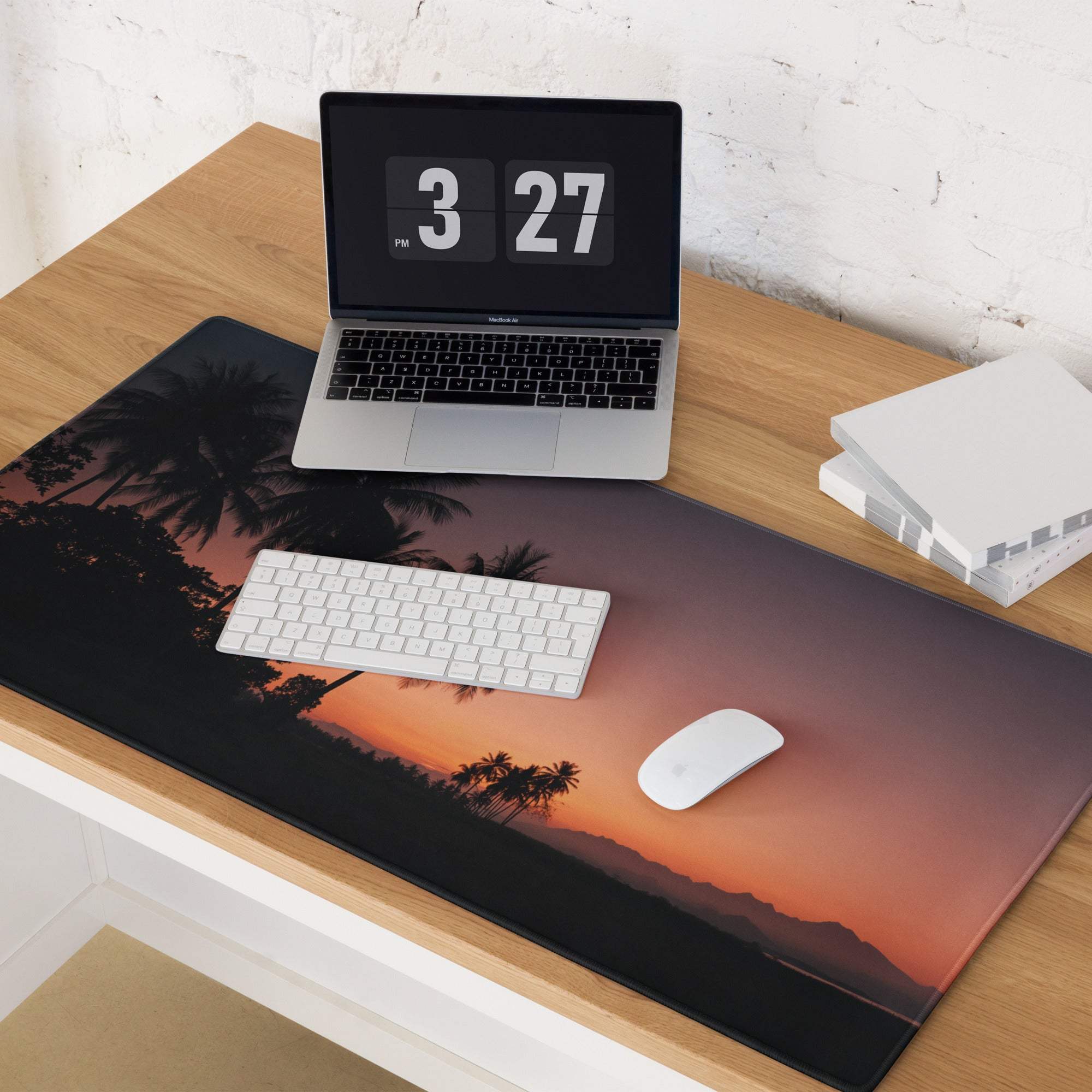 Premium sunset palm gaming mouse pad with non-slip backing and edge stitching