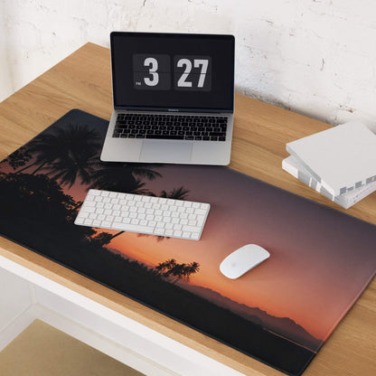 Premium sunset palm gaming mouse pad with non-slip backing and edge stitching