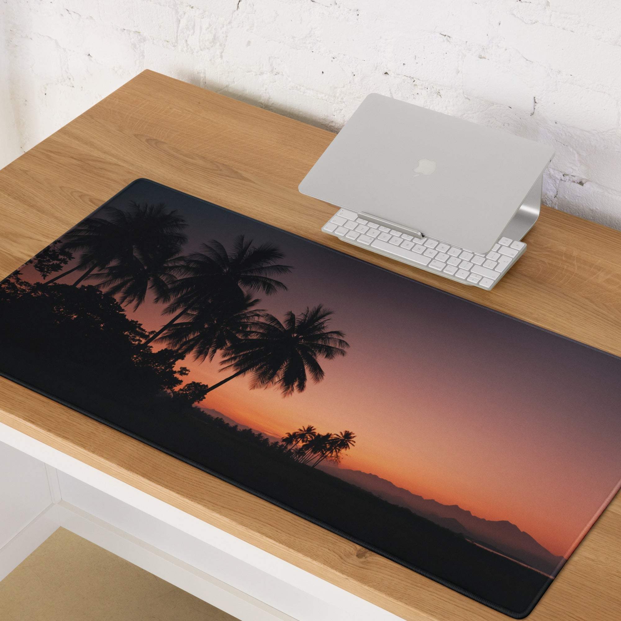 Premium Sunset Palm gaming mouse pad with vibrant sunset, palms, non-slip backing