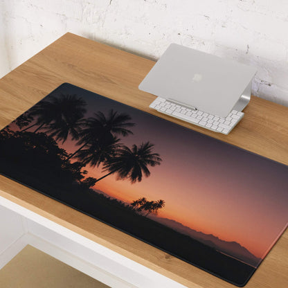Premium Sunset Palm gaming mouse pad with vibrant sunset, palms, non-slip backing
