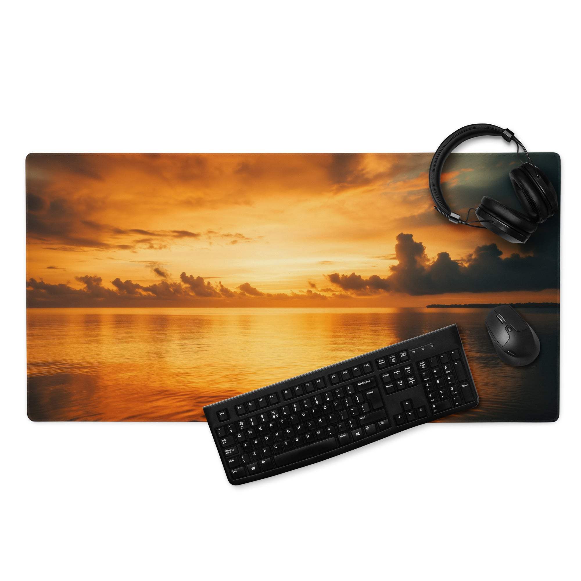 Sunset Glow large gaming mouse pad with vibrant orange sunset over water