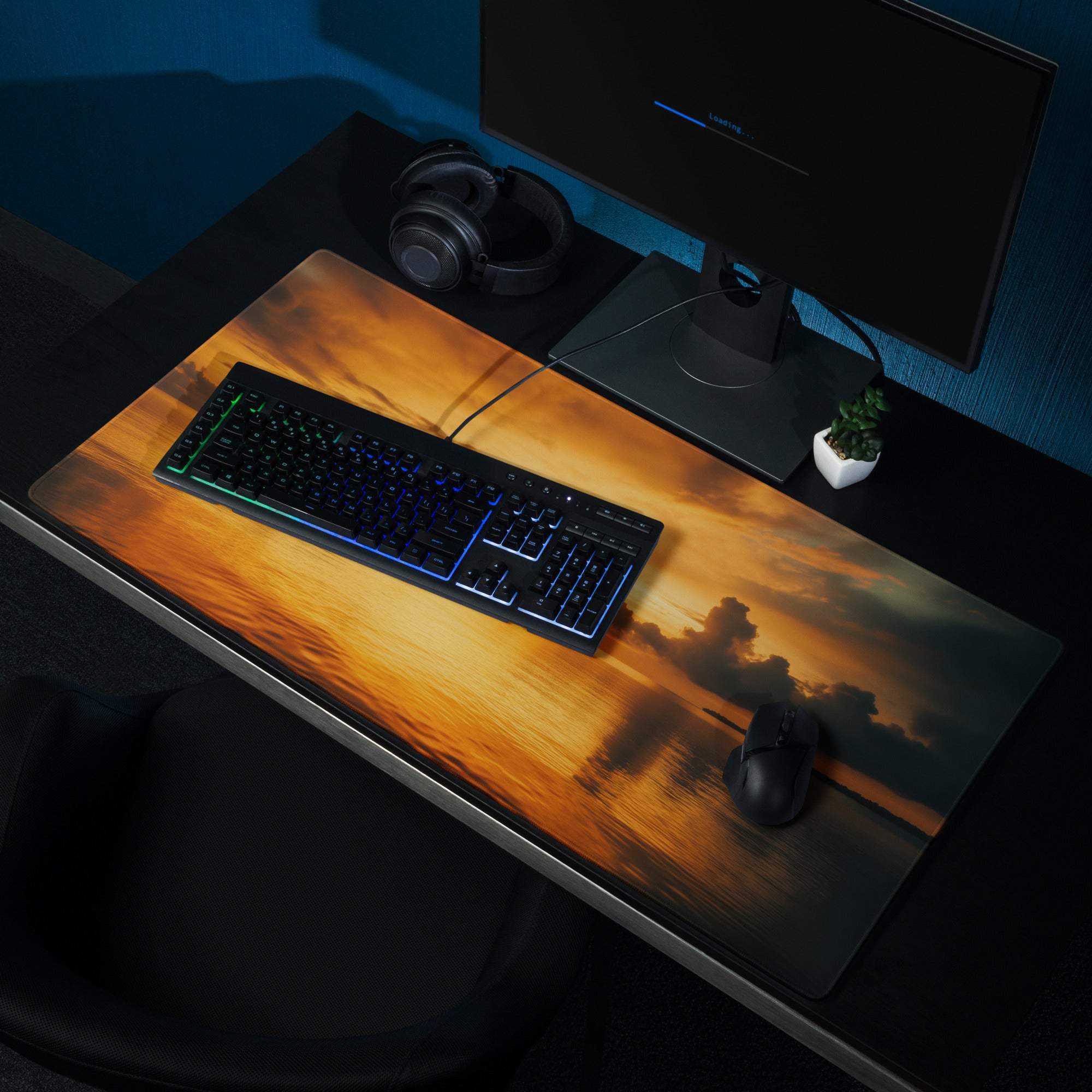 Sunset Glow large gaming mouse pad with vibrant orange sunset over water design