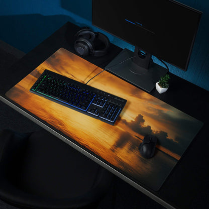 Sunset Glow large gaming mouse pad with vibrant orange sunset over water design