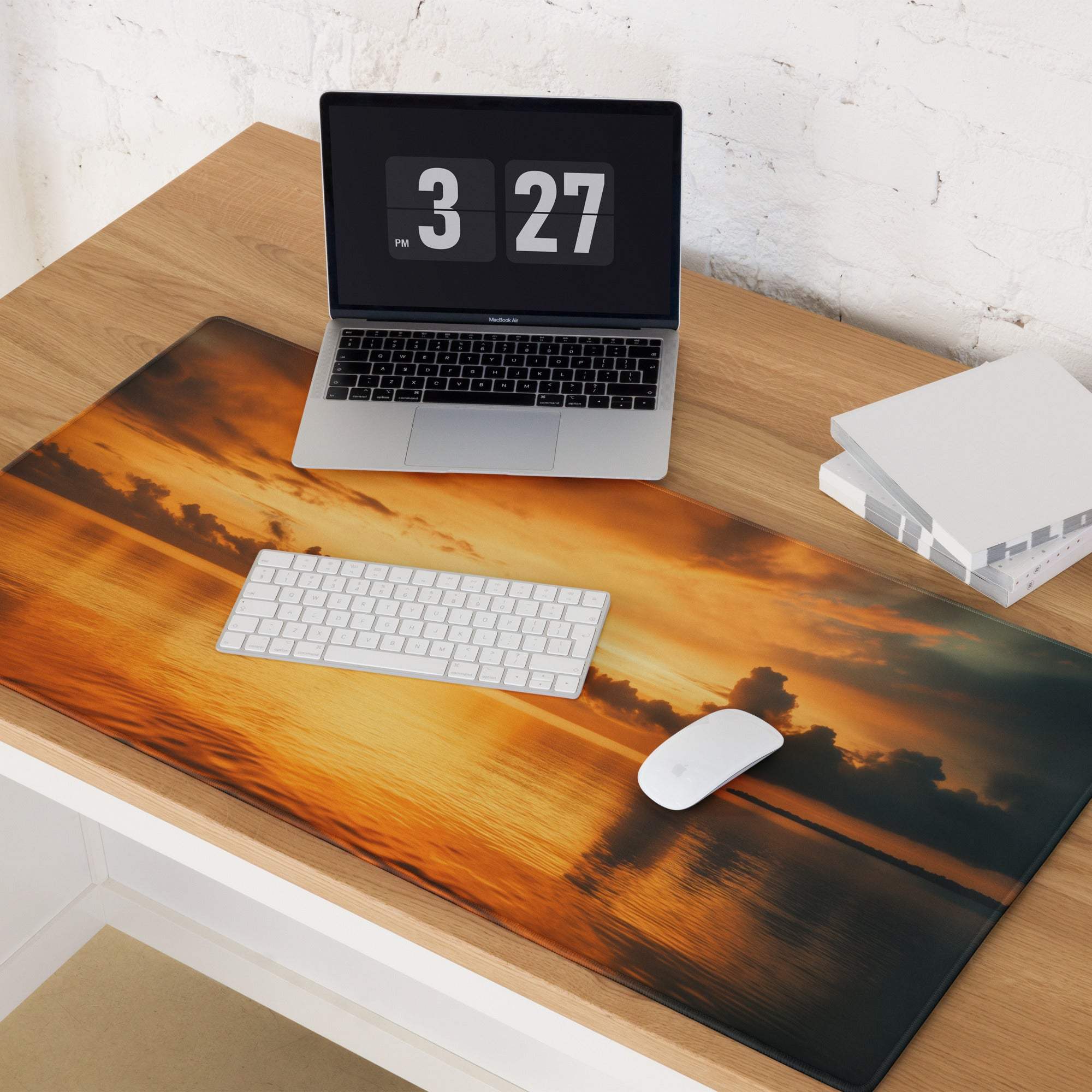 Sunset Glow large gaming mouse pad with orange sunset over water design