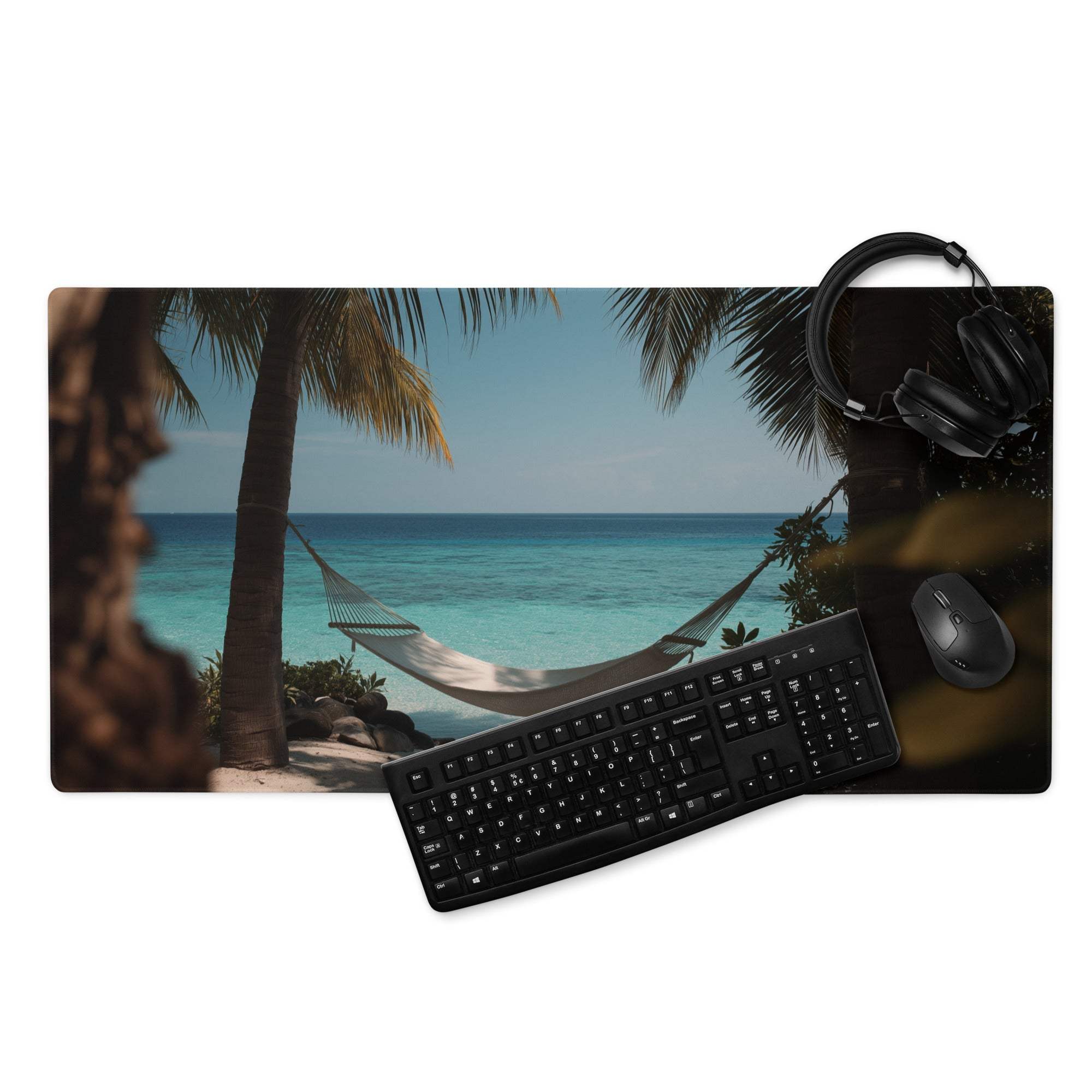 Black keyboard on tropical beach mousepad with palm trees and turquoise water