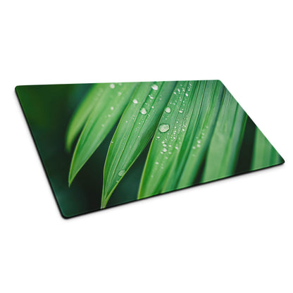 Rectangular green leaf cutting board with water droplets on mouse pad
