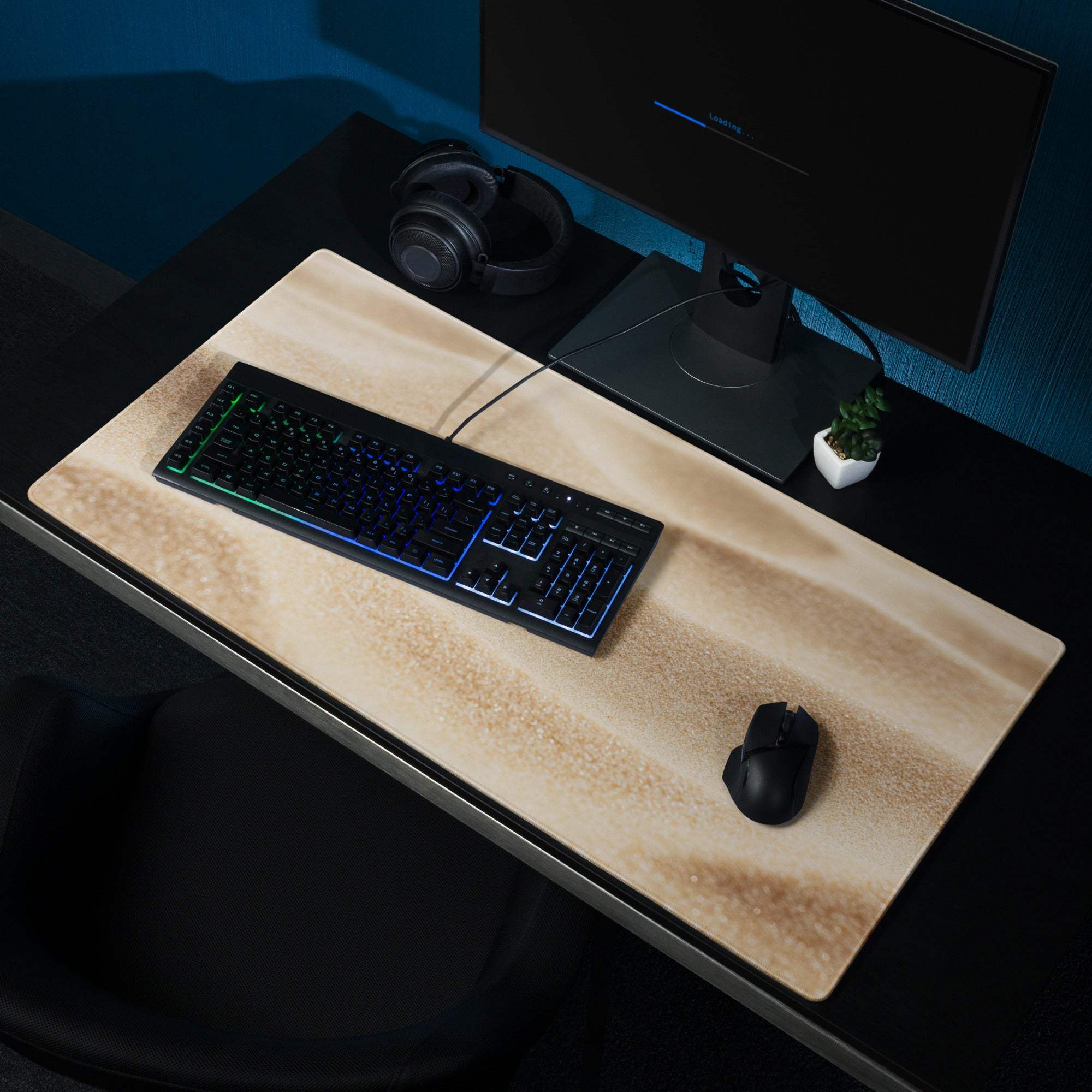 Premium warm desert gold gaming mouse pad with light brown wood grain texture