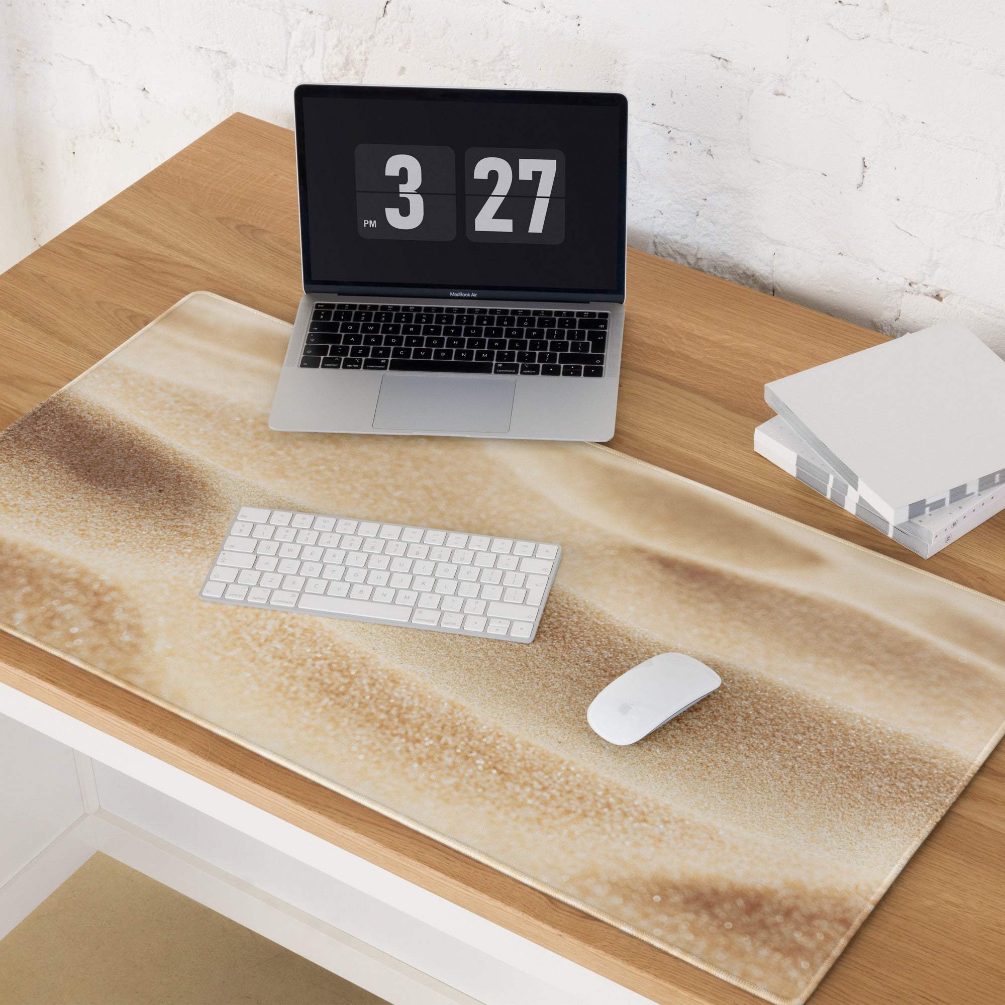 Premium warm desert gold gaming mouse pad with beige tan sand texture