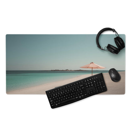 Premium beach scene gaming mouse pad with turquoise ocean, sand, peach umbrella